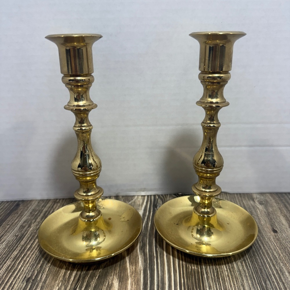 Baldwin Brass Candlestick Holders Pair Forged in America Polished Gold 6.75"